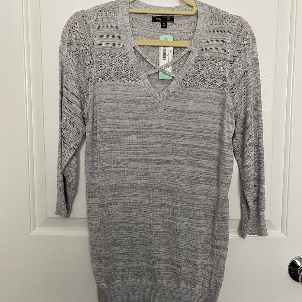 Grey pointelle 3/4-sleeved lightweight sweater